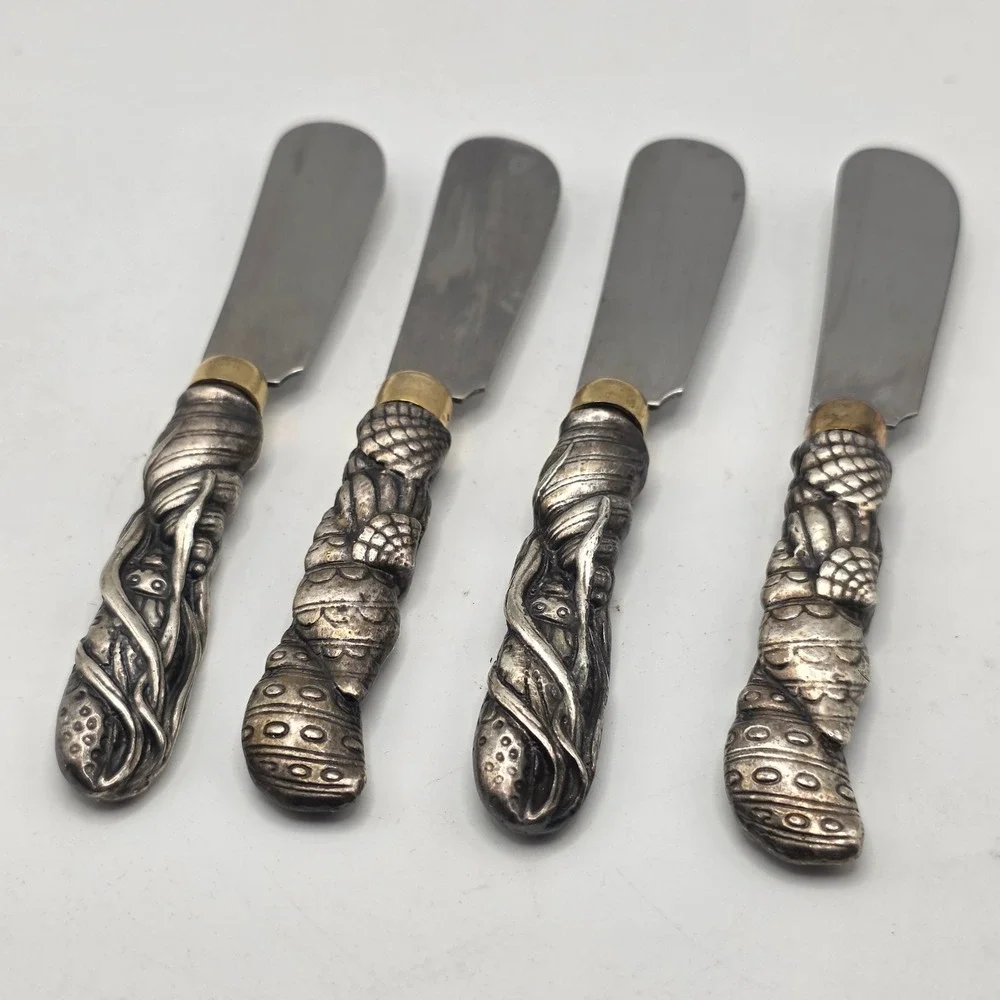 Vintage Ornate Figural Cheese Spreader Set 4 Stainless Taiwan Silver Gold Tone